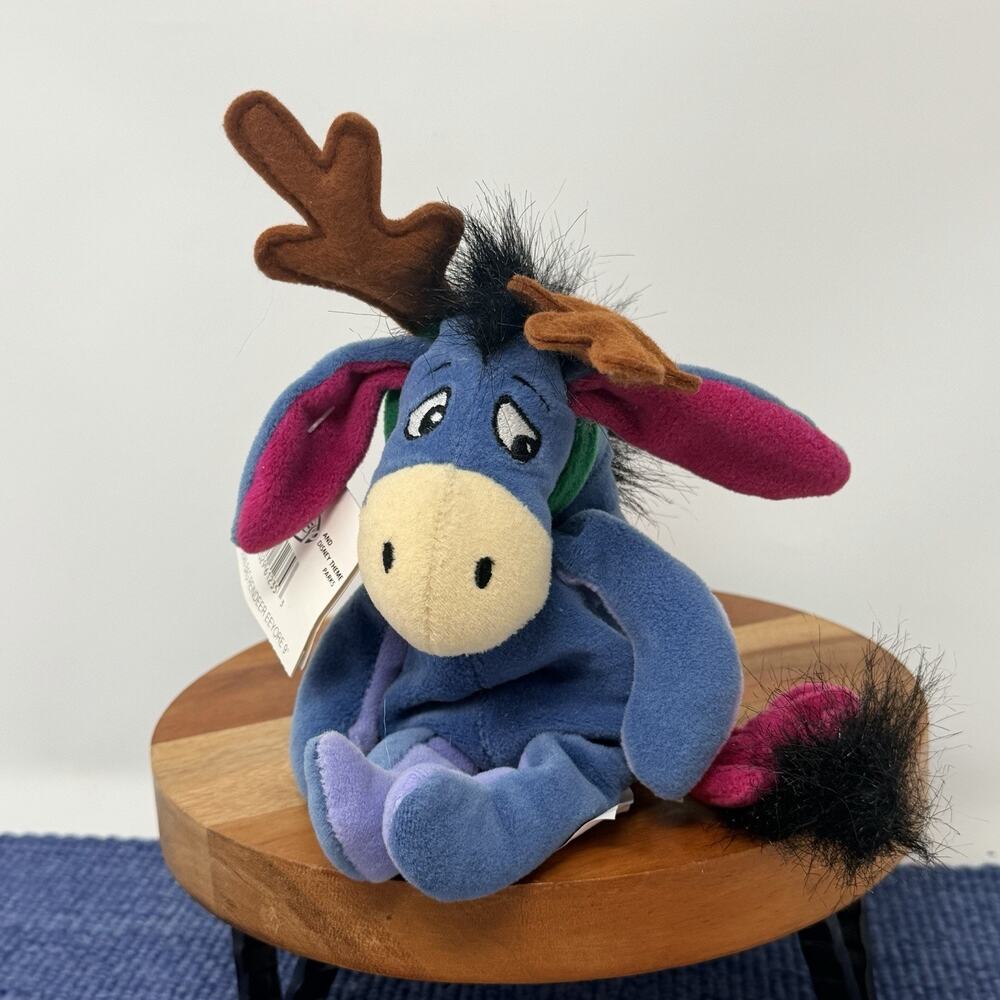 Vintage The Disney Store 9" Eeyore with Reindeer Antlers Mini Bean Bag with Tags
